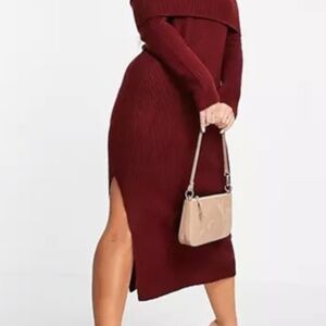 ASOS DESIGN knitted midi dress with off shoulder in dark red